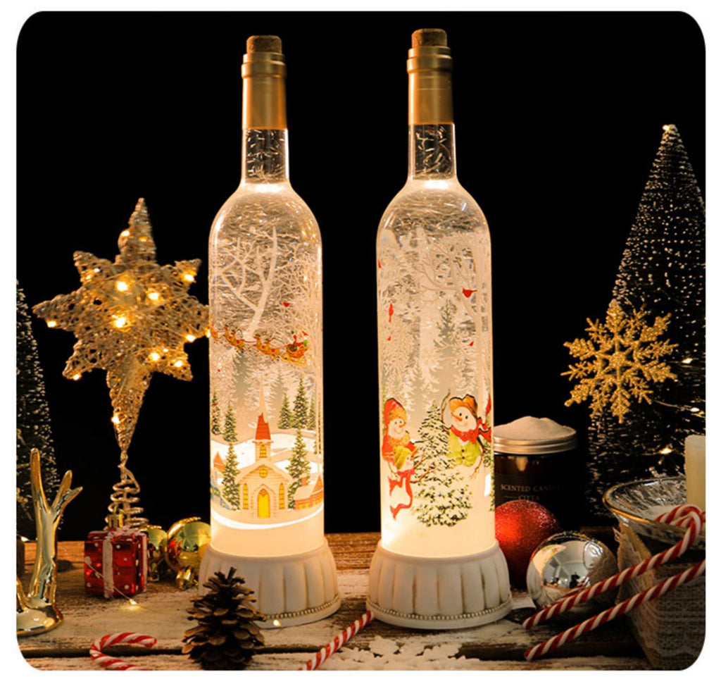 Lighted Wine Bottle With Snowmen Swirling Glitter Christmas Cheer Design Snow - Sonny & Dew 