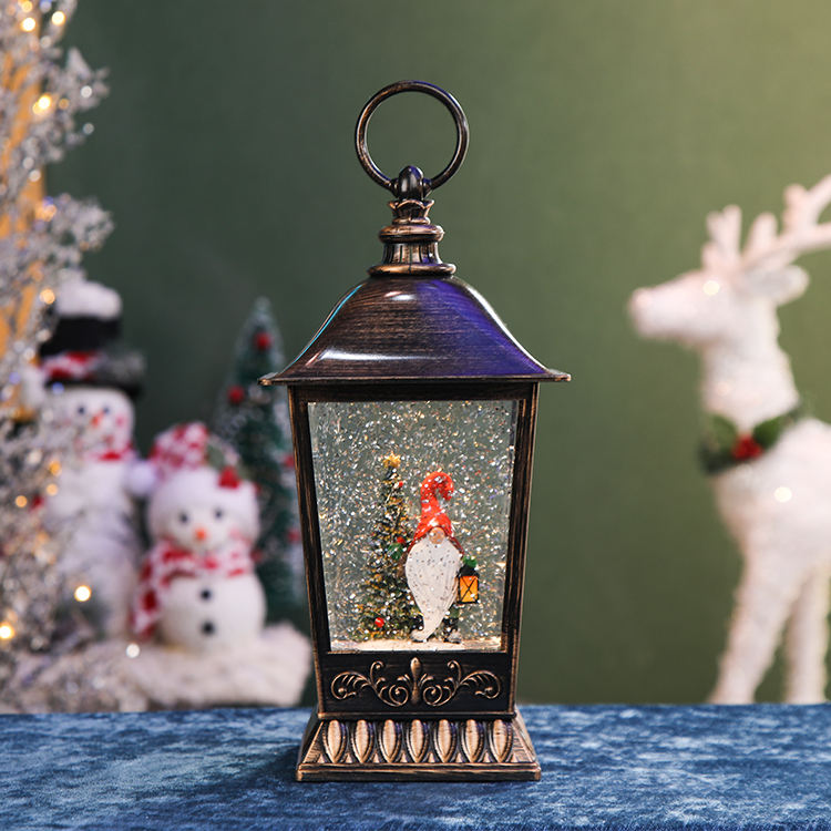 Gnome and Holiday Tree Bronze Water Lantern With Swirling Glitter - Sonny & Dew 